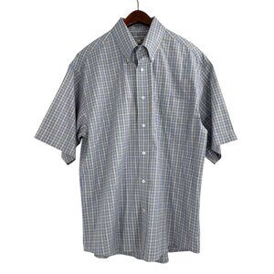 TravelSmith Blue Plaid Short Sleeve  Button Down Shirt Mens Size Large Classic